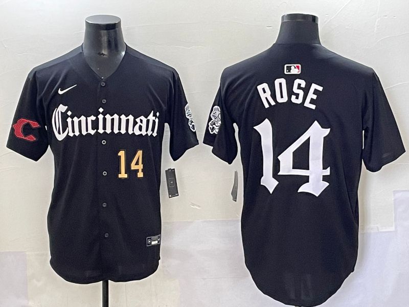 Men 2025 Cincinnati Reds #14 Rose Black Five generations Joint Name Nike MLB Jersey style 7